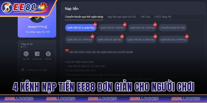 4 kênh nạp tiền EE88 đơn giản dành cho người chơi